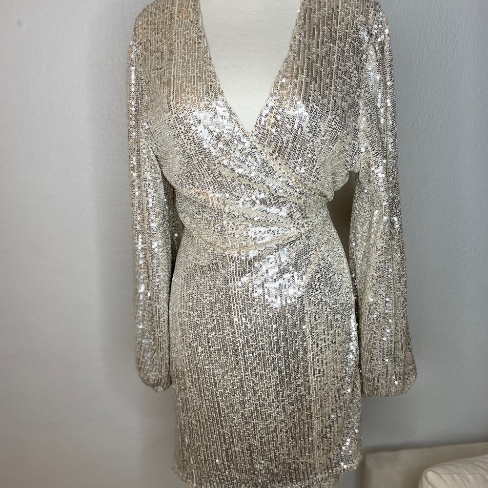 NYE Sequence Silver Wrap Party Blouson Dress